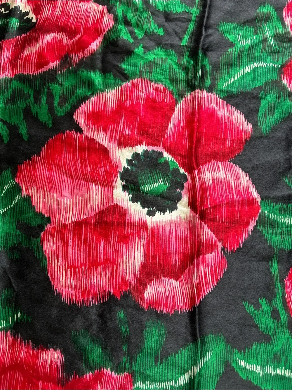 Black Silk Scarf with Bold Red Floral Print
